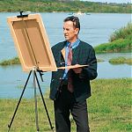 Relaks w Kazimierzu Dolnym. Tu maluję 'w pelnym slońcu' 'Krowią Wyspę' niedaleko Mięćmierza. 2005. Krzysztof Logan Tomaszewski